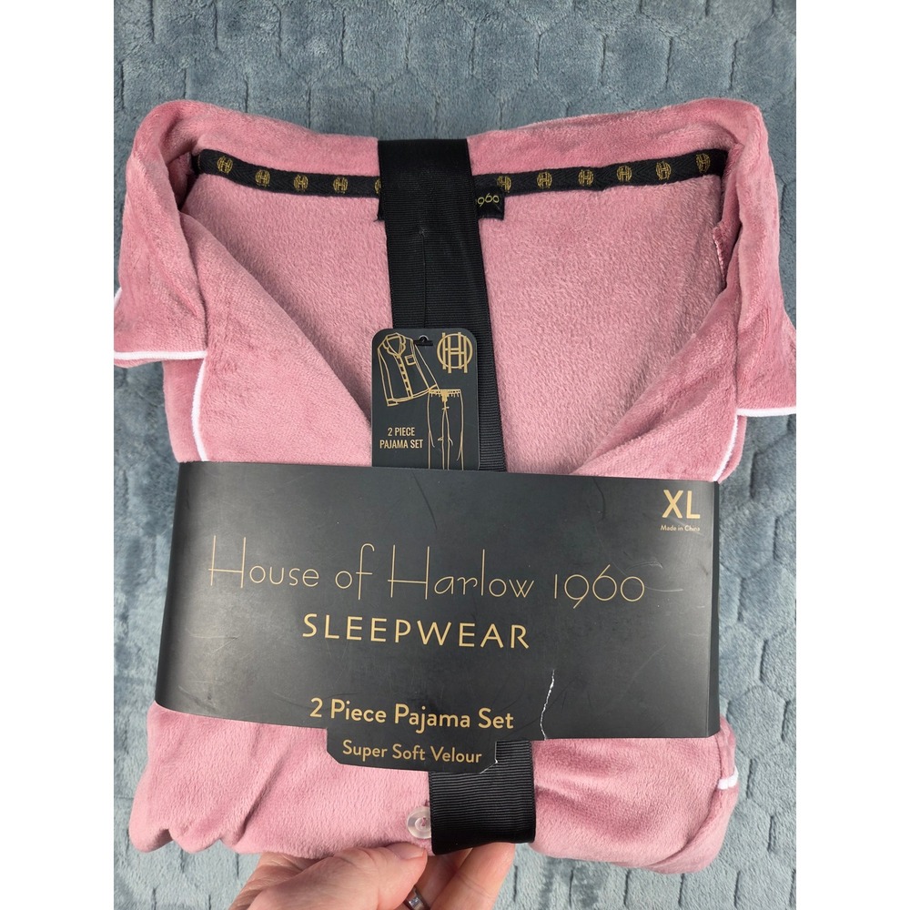 House of Harlow 1960 Pink Velour 2 Piece Pajama Set XL Long Sleeve Button Front